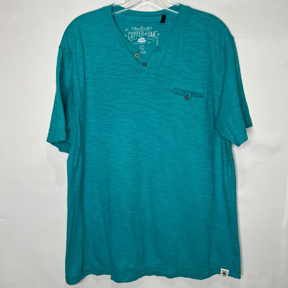 Copper & Oak Women’s Top sz Lg Turquoise Blue Henley Short Sleeve Pocket T-Shirt